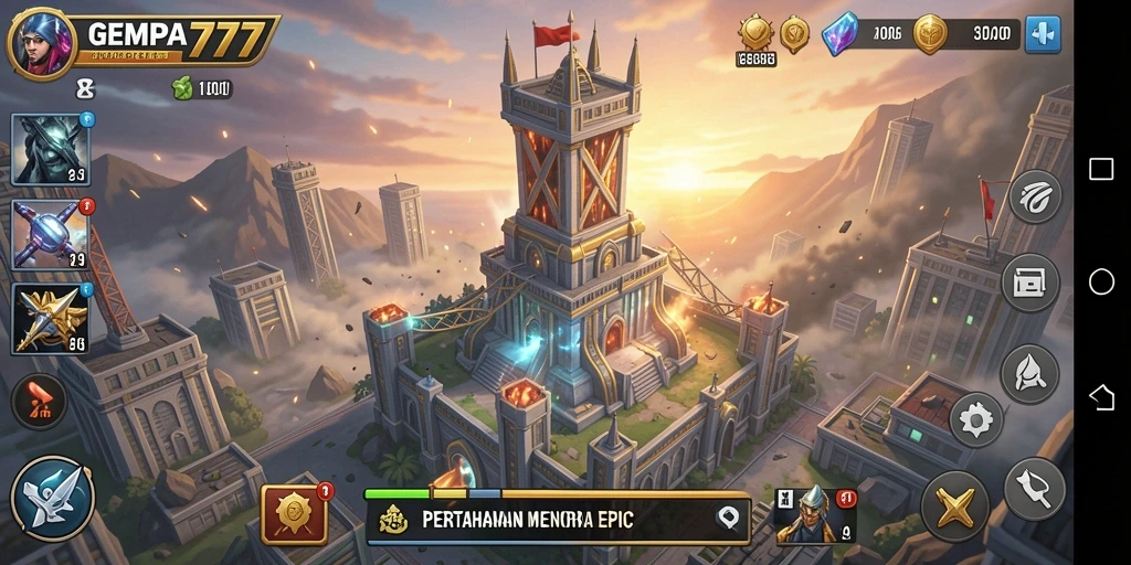 Tampilan seru gameplay GEMPA777 dengan menara pertahanan yang beragam.