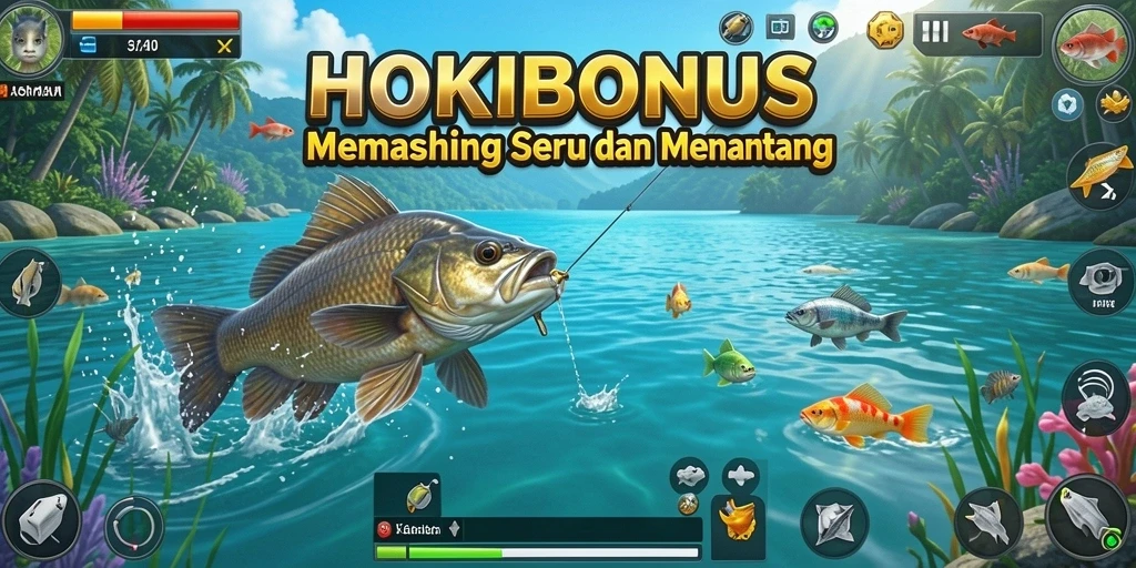 Tampilan gameplay HOKIBONUS menunjukkan aksi memancing seru dan beragam ikan yang bisa ditangkap.