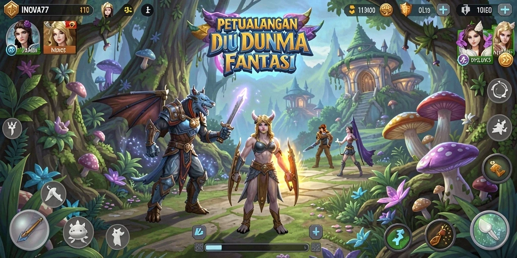 Tangkapan layar gameplay INOVA77 menunjukkan petualangan menakjubkan di dunia fantasi.