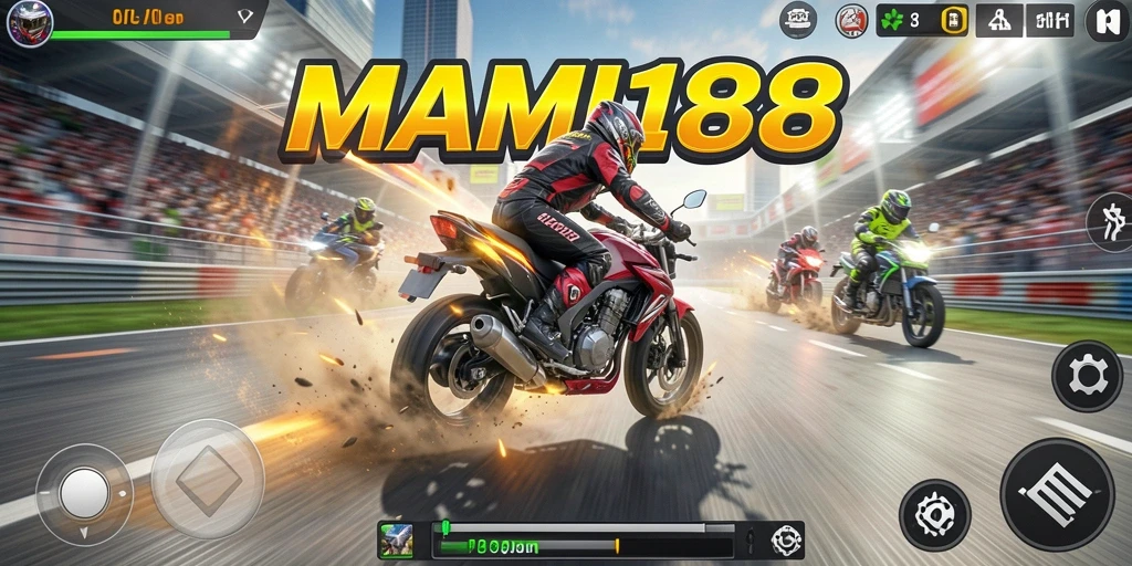 Tampilan gameplay seru di MAMI188 dengan aksi balapan motor.