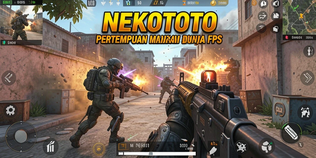 Screenshot gameplay NEKOTOTO menampilkan pertempuran seru di dunia FPS.