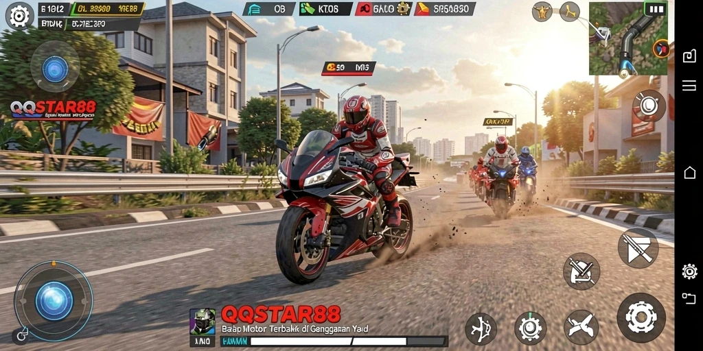 Gameplay QQSTAR88 yang menarik dalam balapan motor yang intens.
