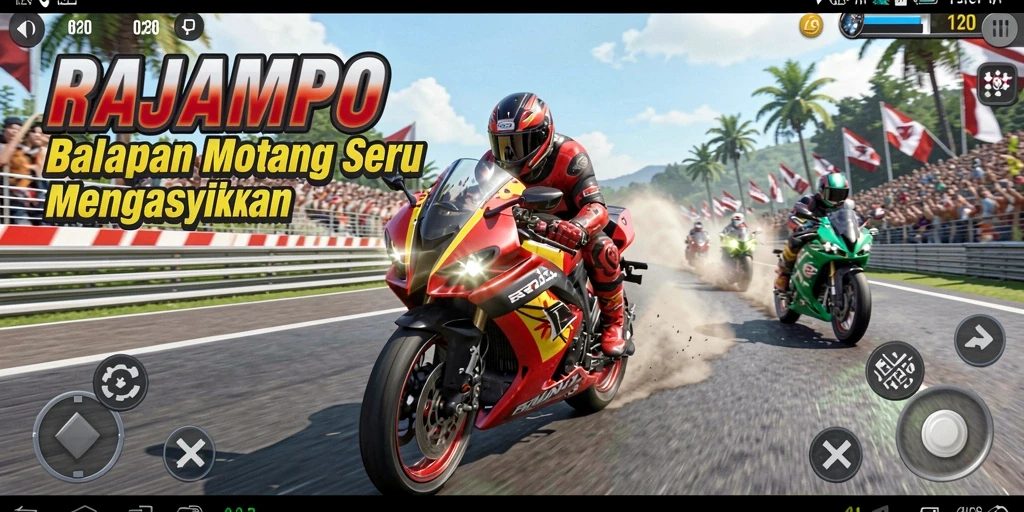Tampilan gameplay seru dalam balapan motor RAJAMPO yang menegangkan.