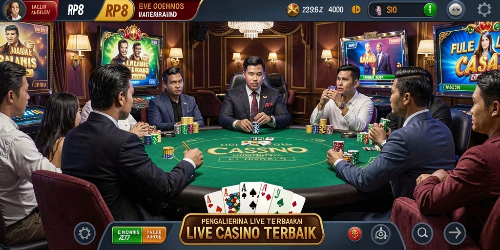 Tampilan pertandingan Live Casino RP8 dengan dealer dan pemain aktif.